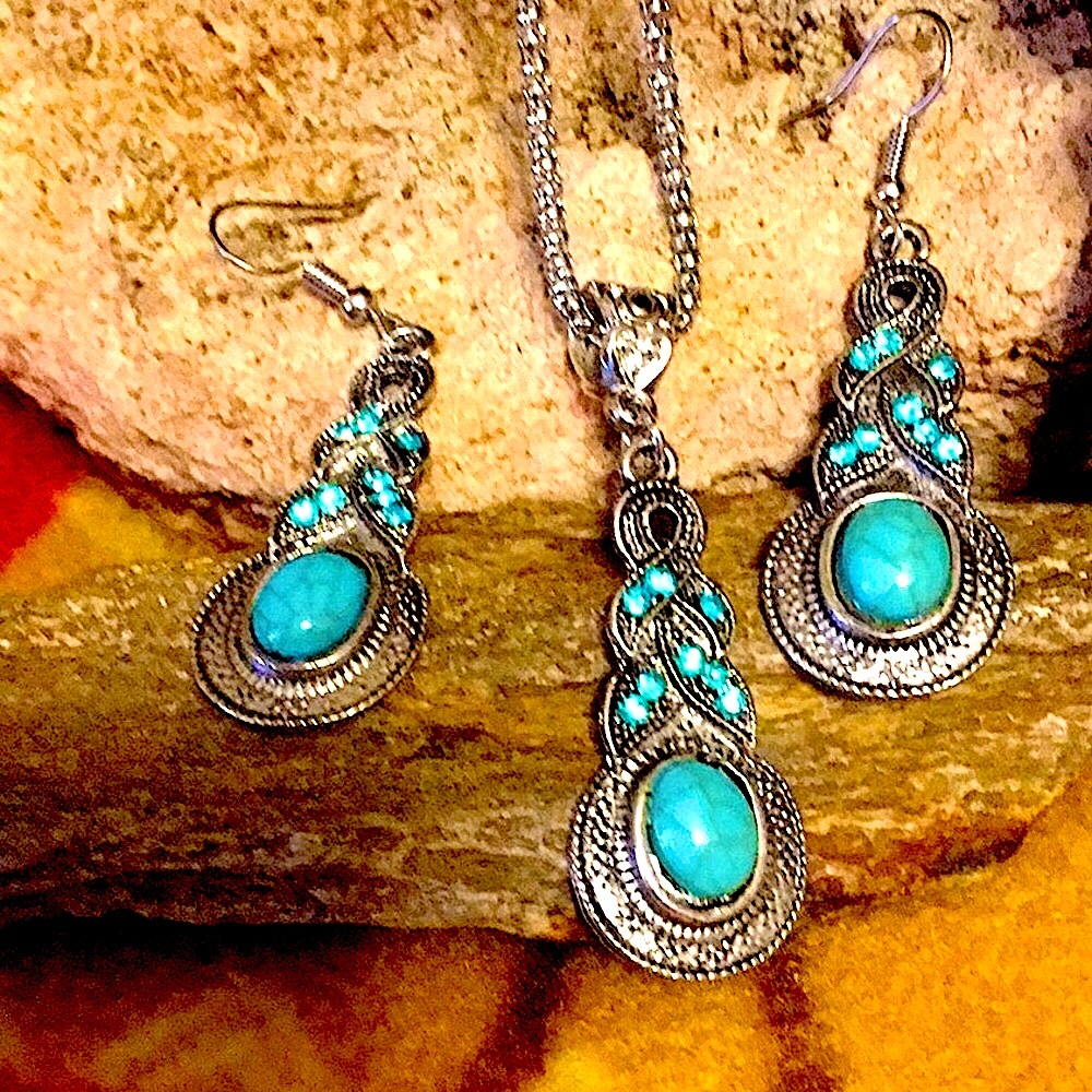Mermaid Fashion Turquoise Silver Necklace Earring Lot Set